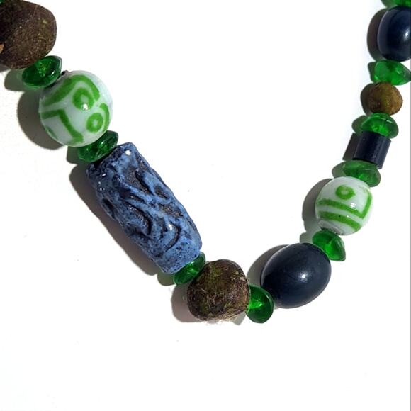 Tibetan Ceramic Green and Blue Glass & Terracotta Clay Beaded Necklace - Picture 3 of 8